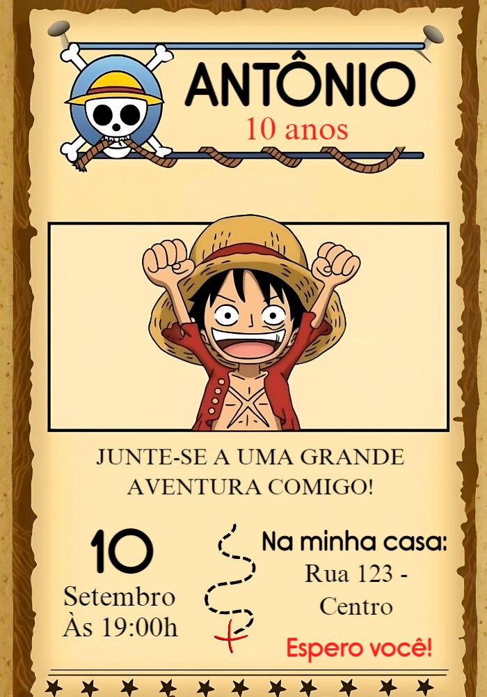 Convite de Aniversário One Piece Estilo Procurado para Editar