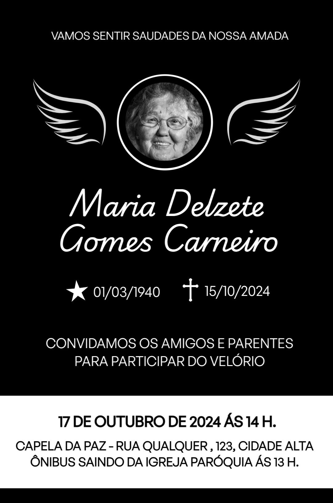 Convite de Luto com Foto e Asas de Anjo para Editar Online