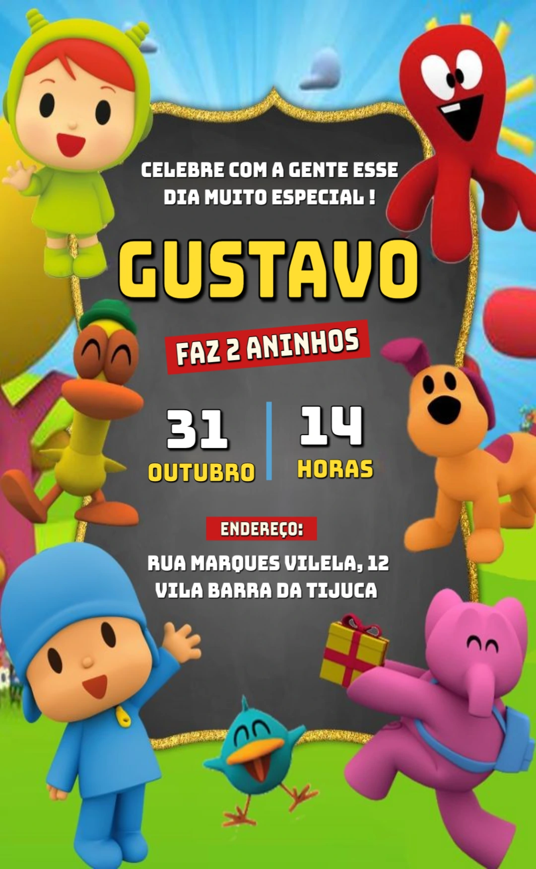 Convite de Aniversário Pocoyo e Turma para Editar Online