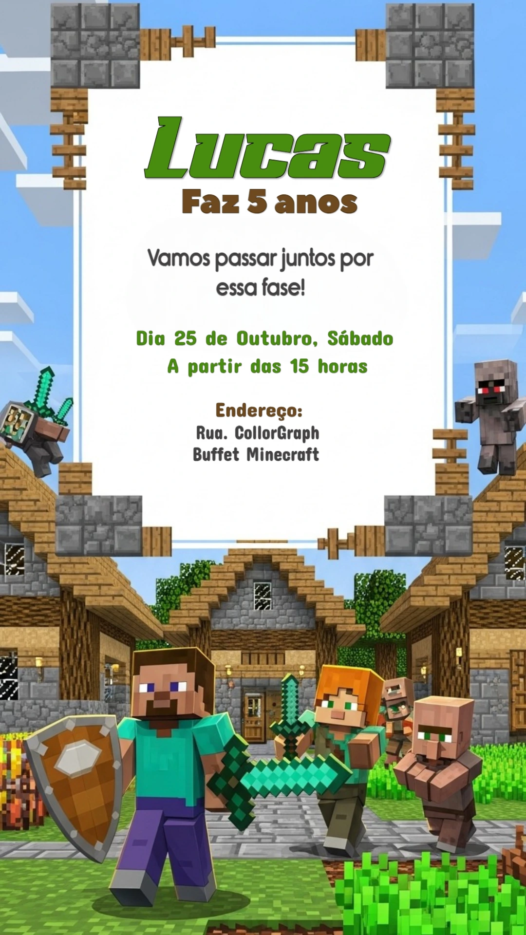 Convite de Aniversário Minecraft com Personagens para Editar