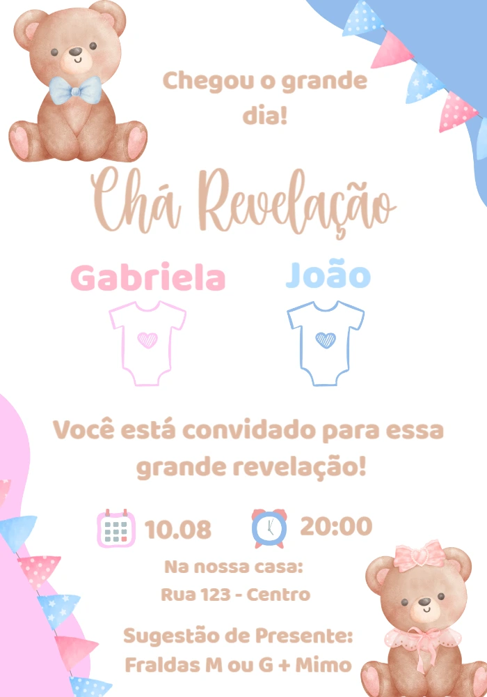Convite Chá Revelação Ursinhos Fofos para Editar Online