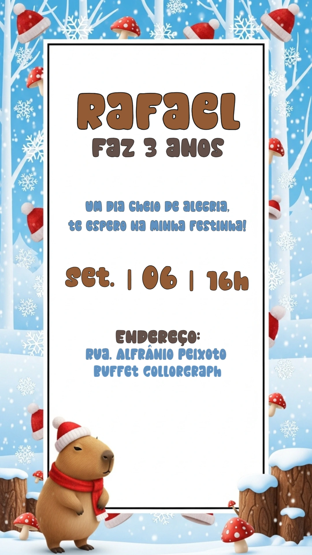 Convite Aniversário Capivara no Inverno para Editar Online