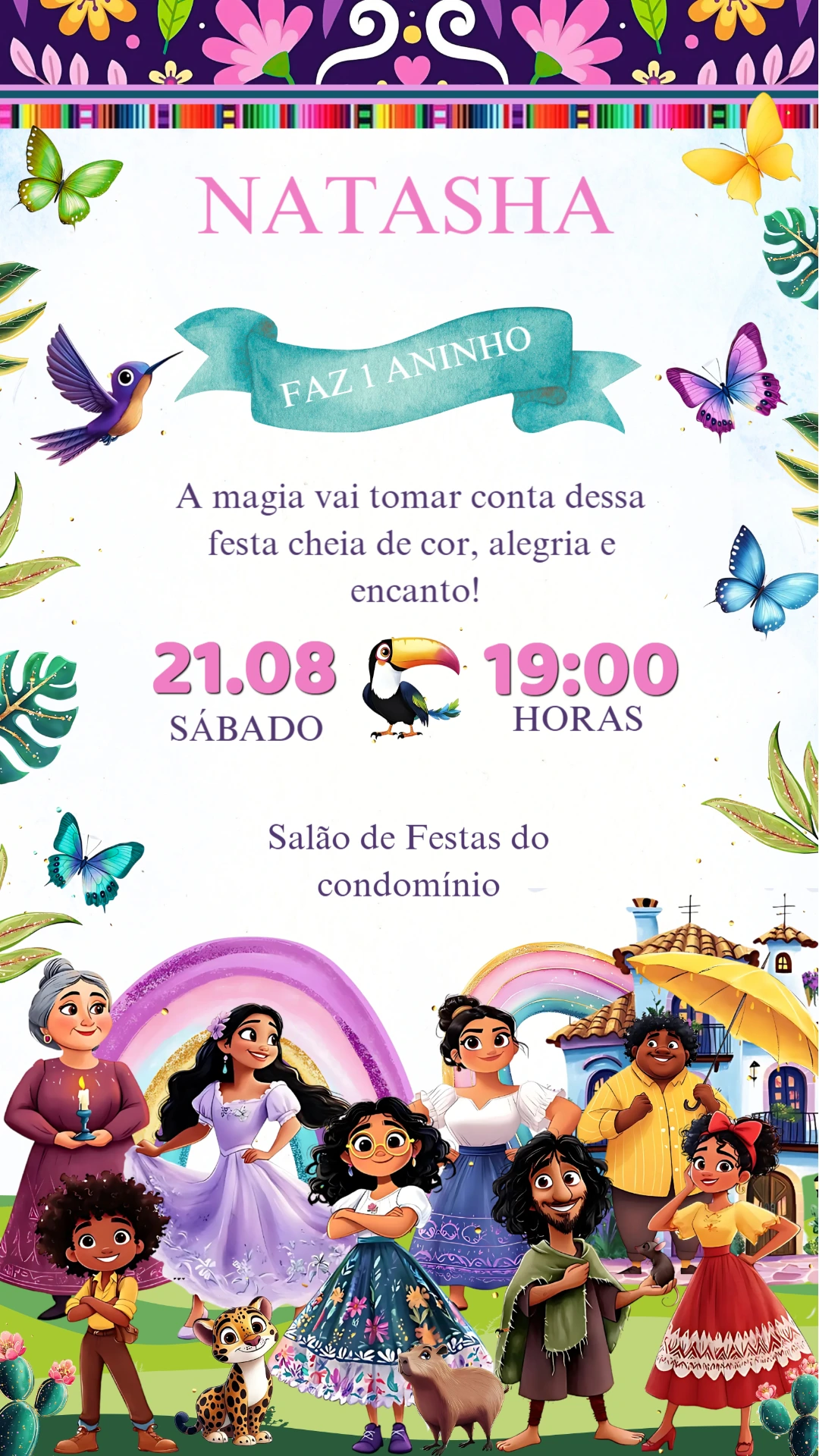 Convite Aniversário Encanto com Personagens para Editar Online