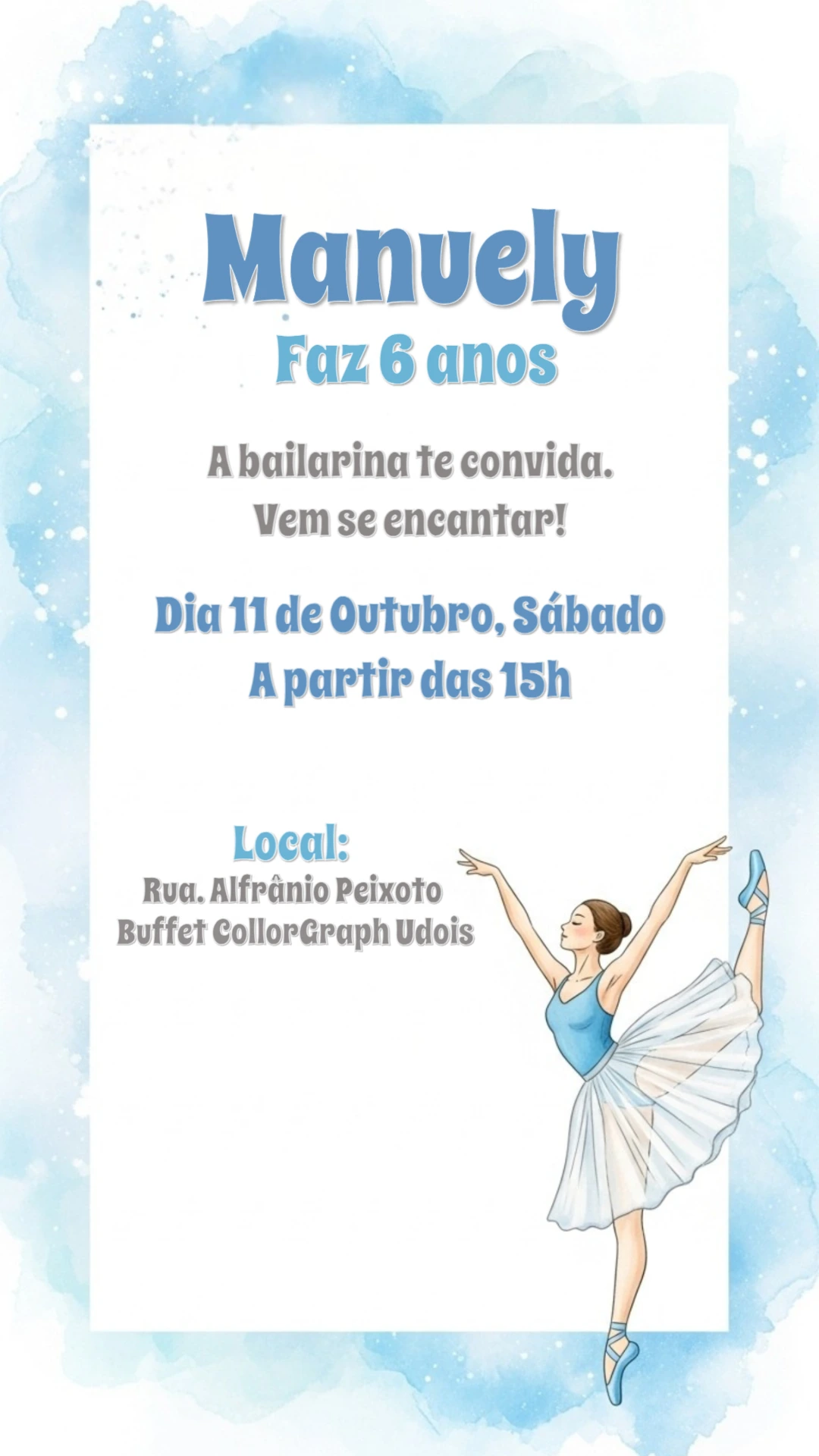Convite de Aniversário Bailarina Delicada para Editar Online