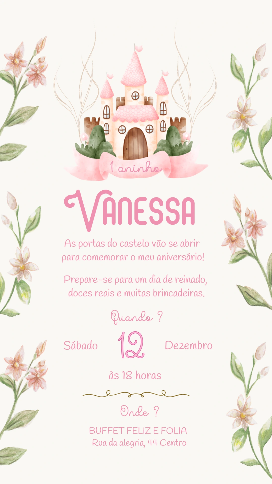 Convite de Aniversário Princesa Castelo Aquarela para Editar