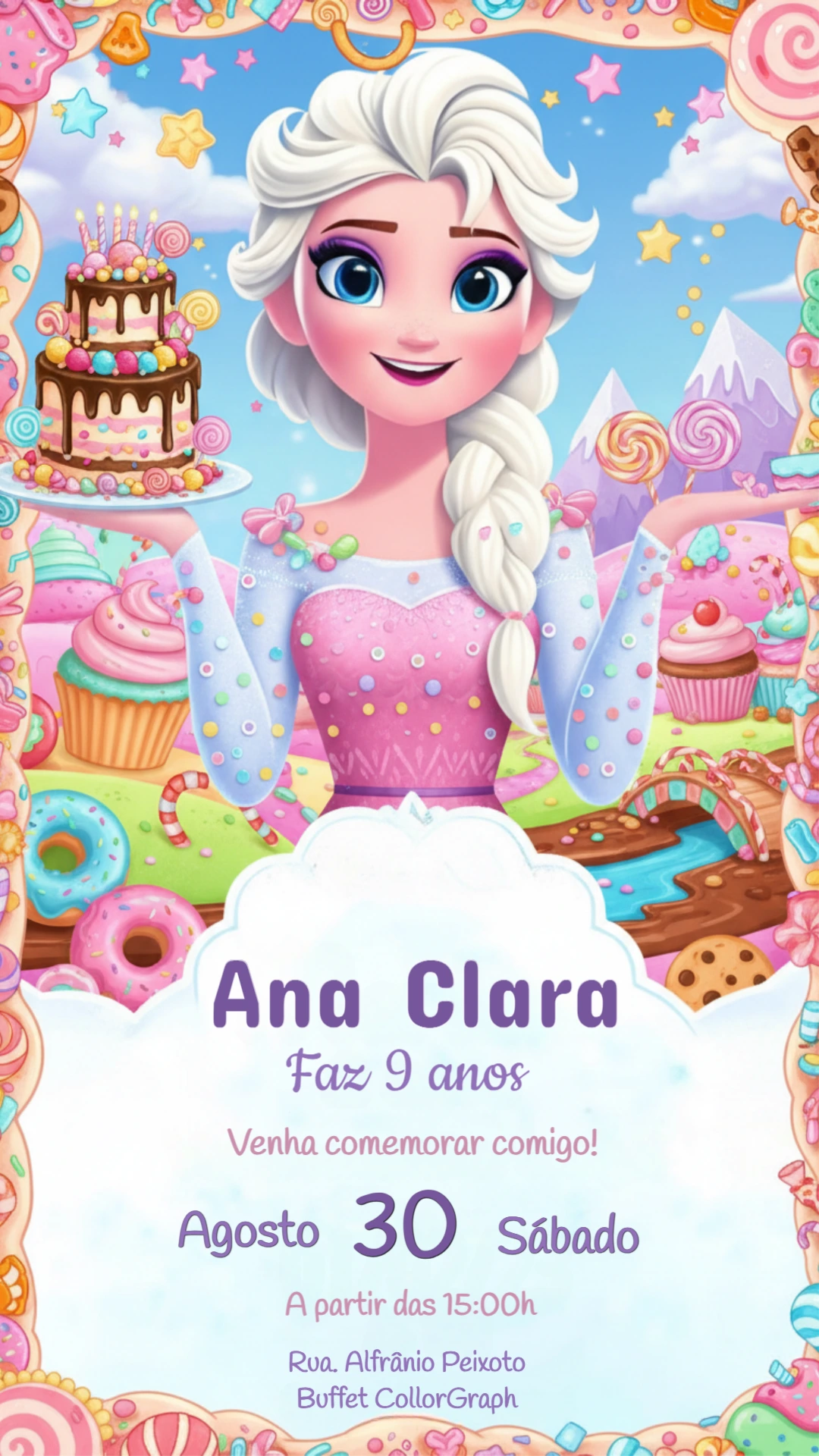 Convite Aniversário Princesa Gelo no Mundo Doce para Editar