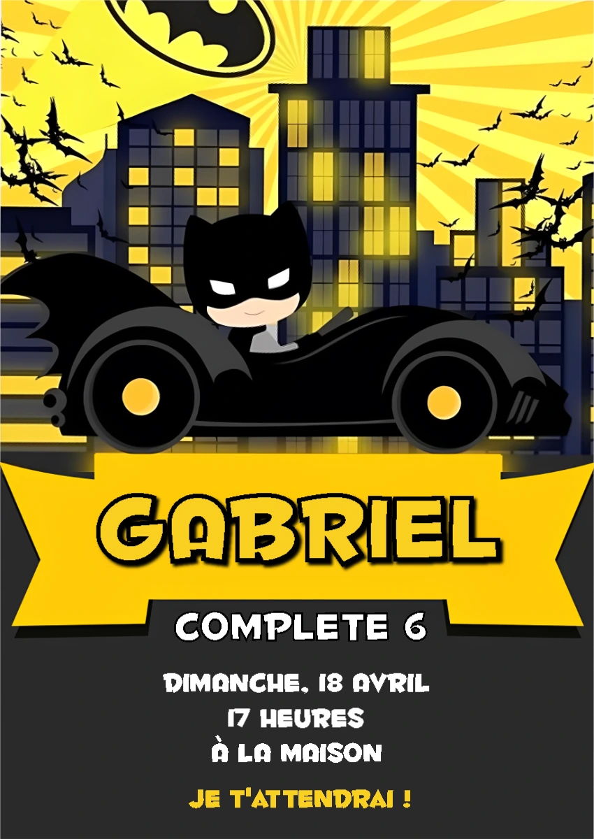 Invitation Anniversaire Batman avec Personnage à Modifier en Ligne