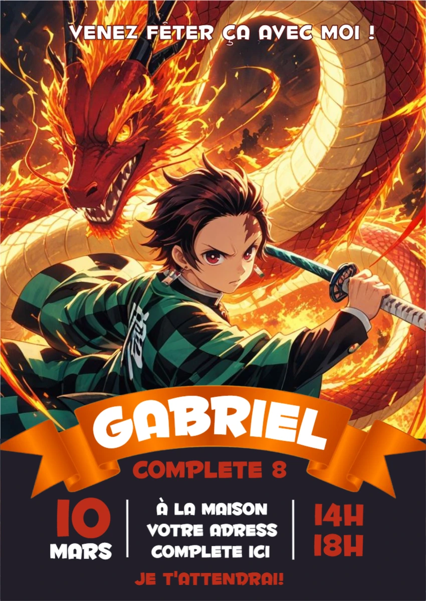 Invitation d'anniversaire thème anime Demon Slayer à modifier