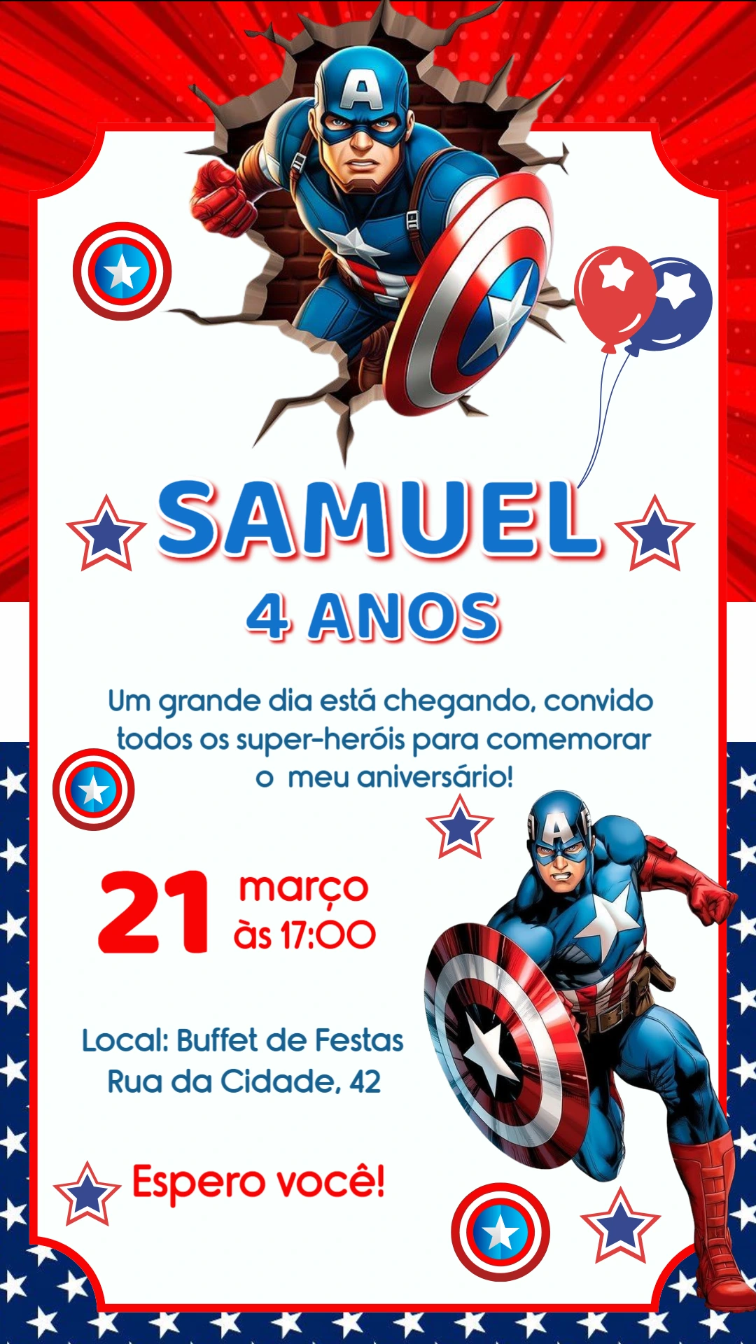 Convite Aniversário Capitão América para Editar Online