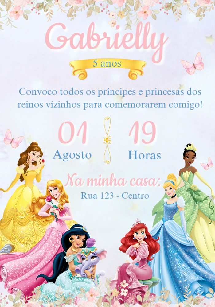 Convite Aniversário Princesas Disney para Editar Online