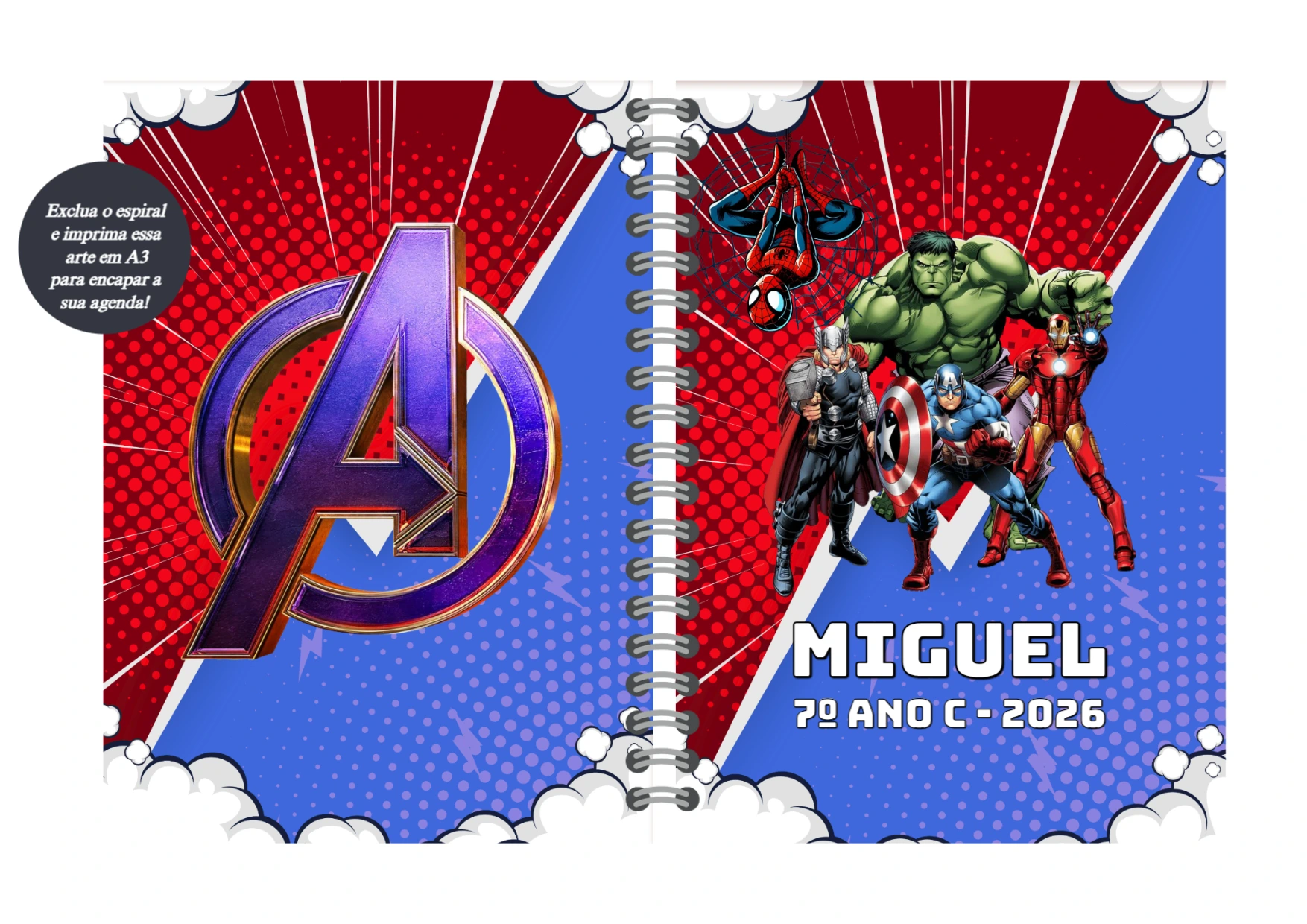 Capa de Agenda Vingadores com Heróis para Editar e Imprimir