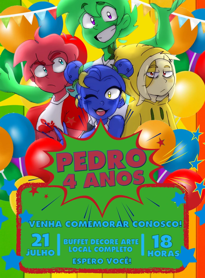 Convite de Aniversário Mundo Torajo com Personagens para Editar