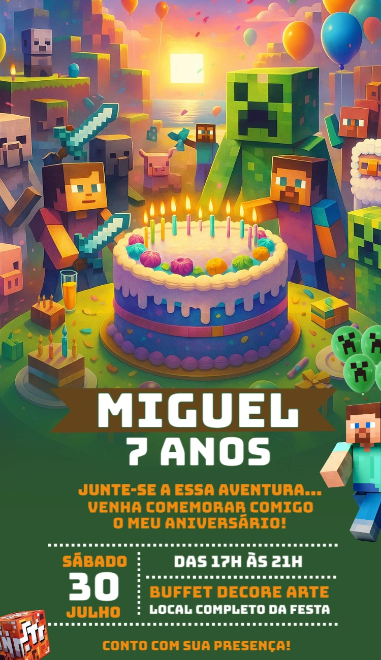Convite Aniversário Minecraft com Personagens para Editar Online