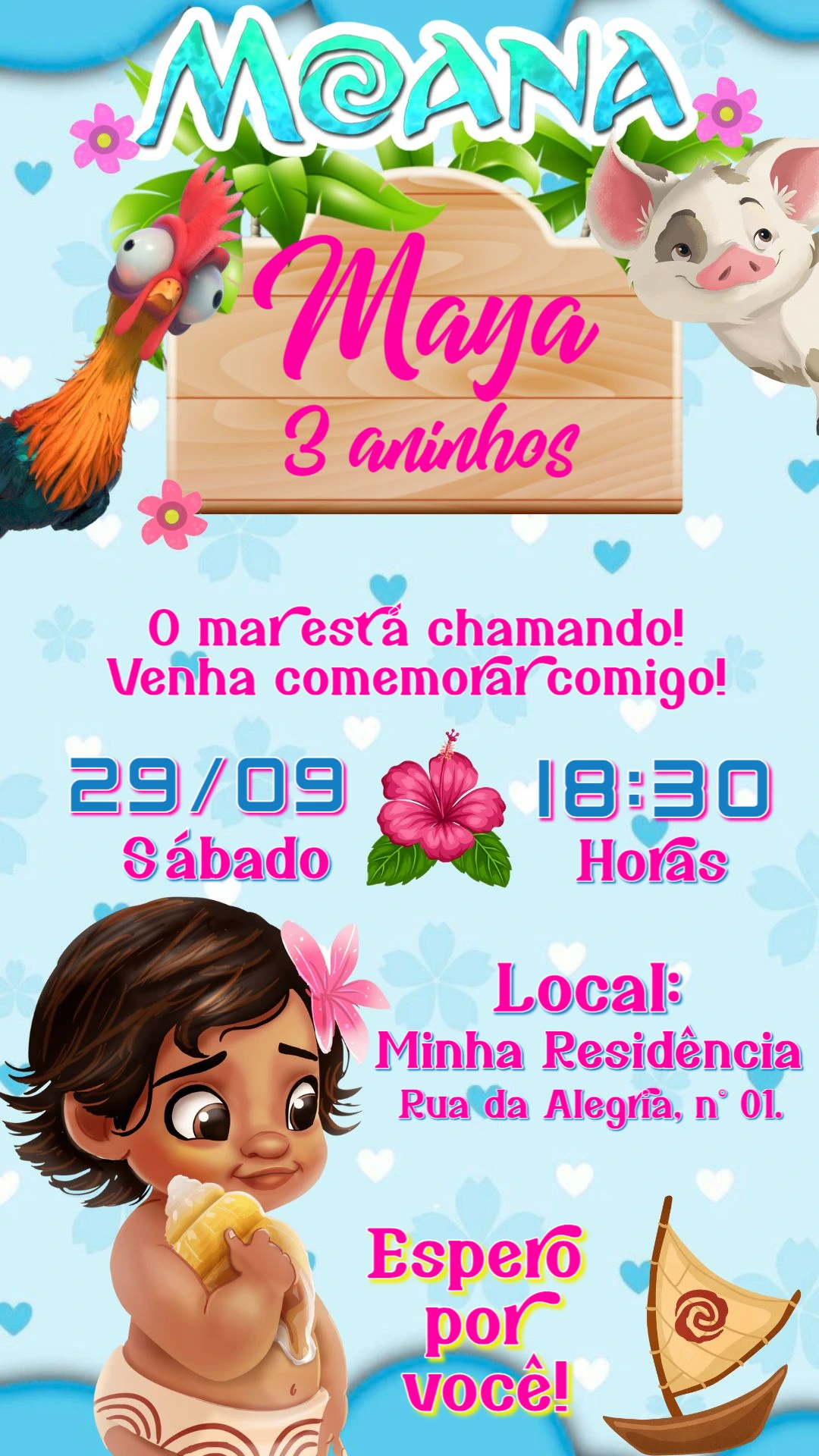 Convite de Aniversário Moana Baby para Editar Online