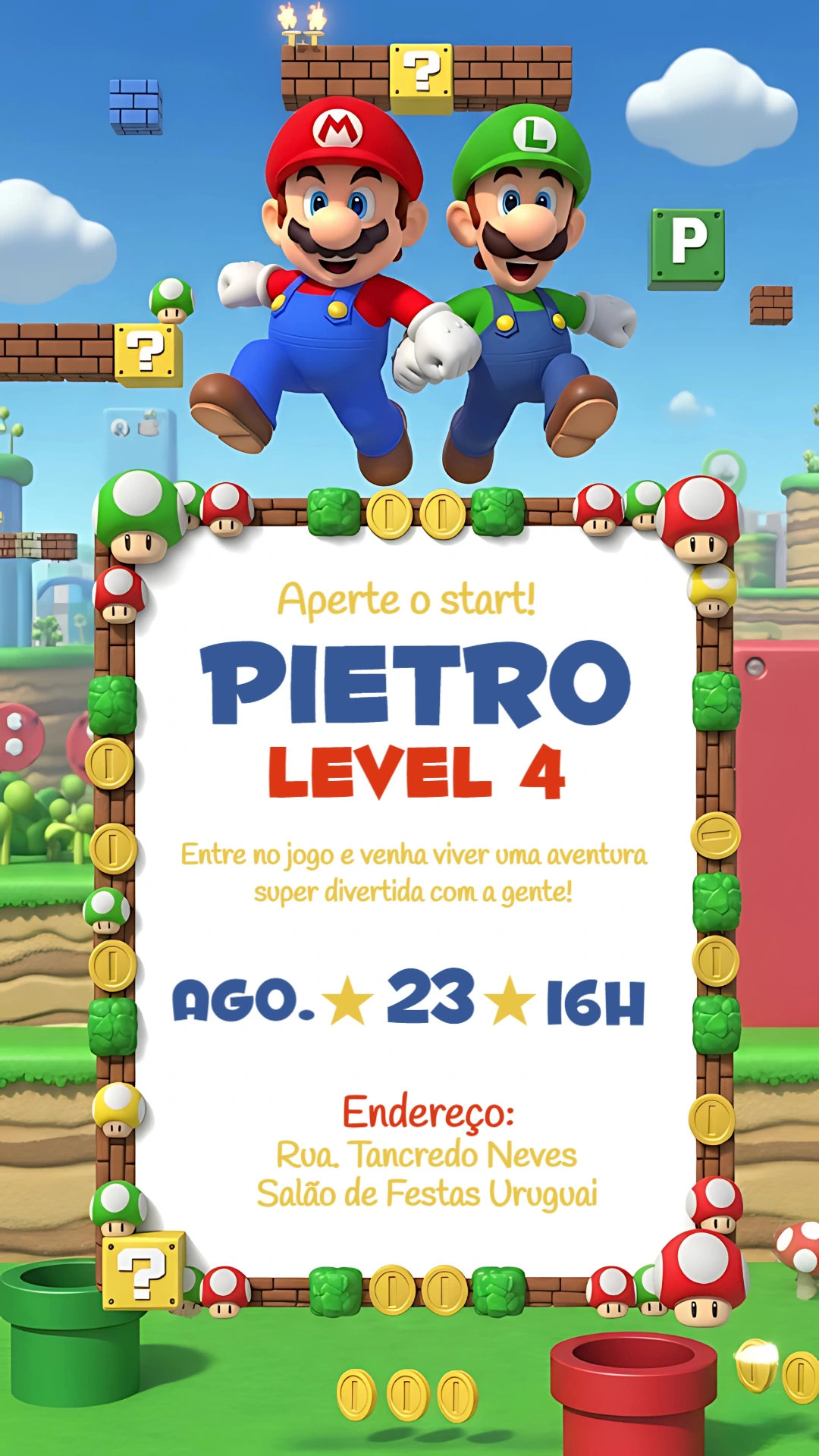 Convite Aniversário Super Mario com Mario e Luigi para Editar
