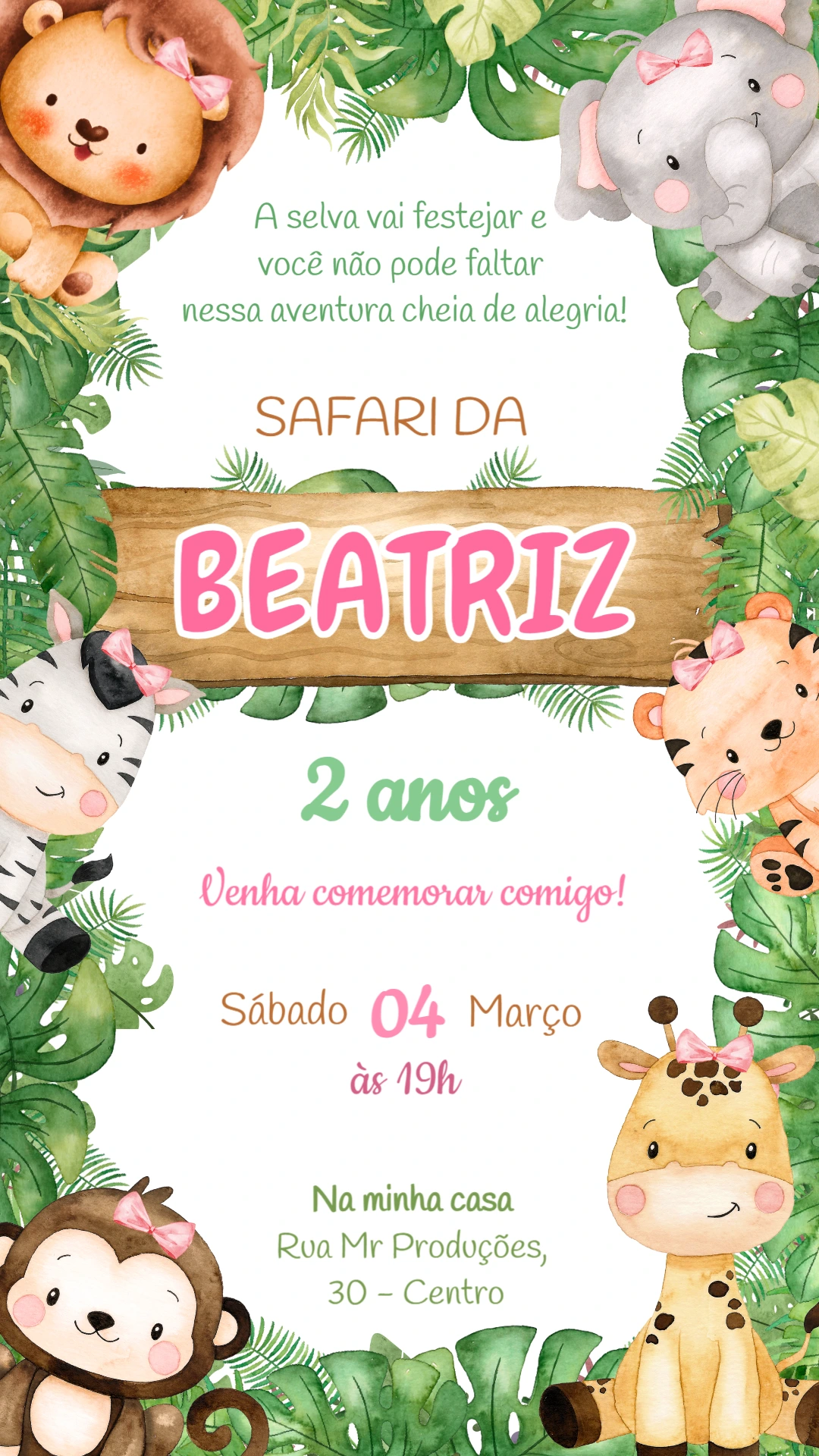Convite Aniversário Safari Menina com Animais Fofos para Editar