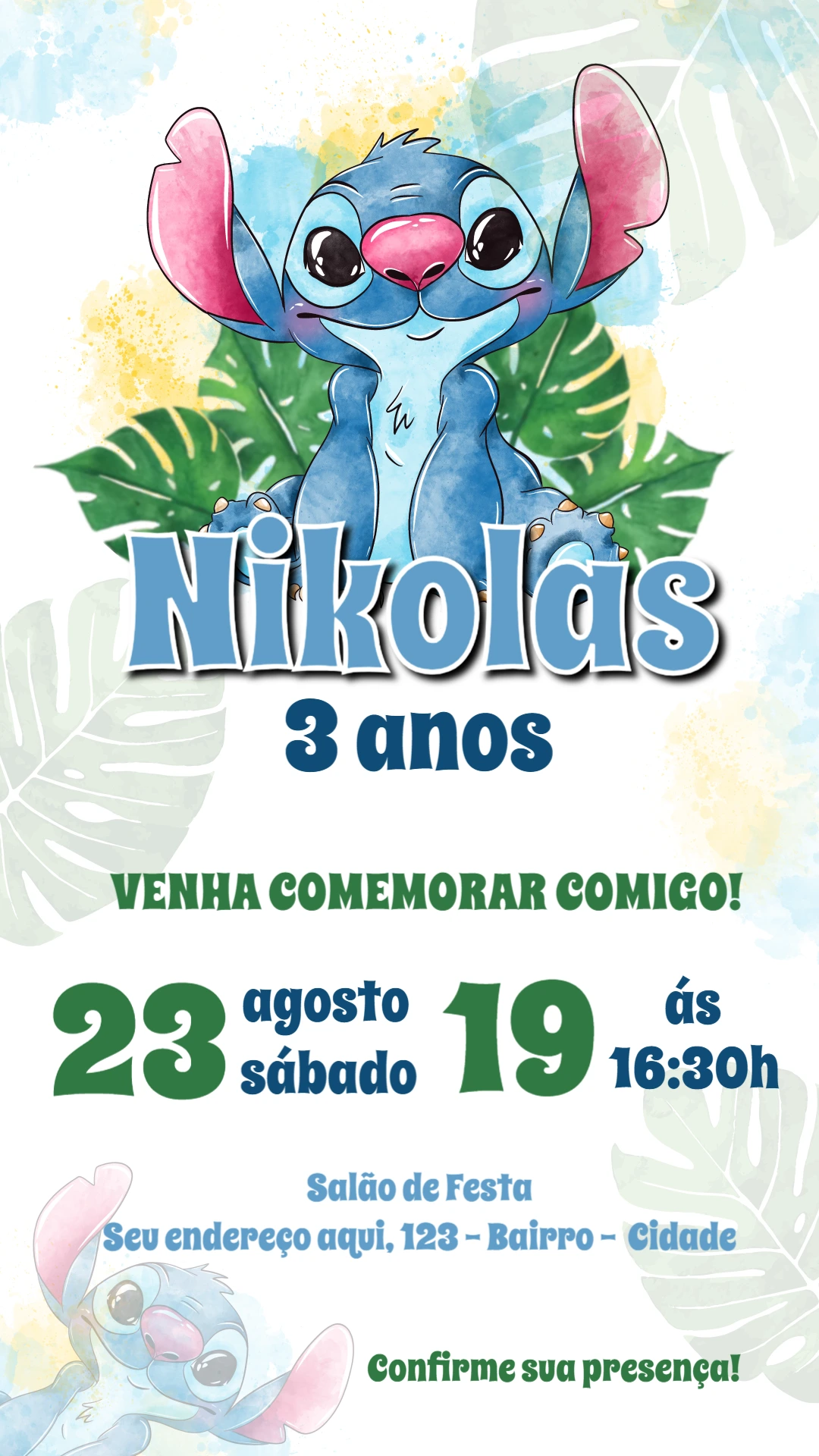 Convite de Aniversário Stitch Tropical para Editar Online
