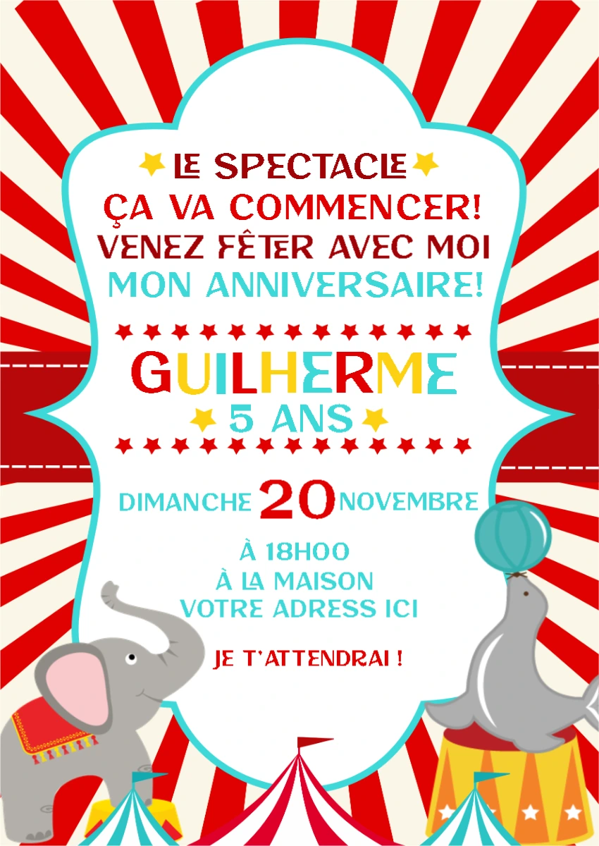 Invitation d'anniversaire pour garçon sur le thème du cirque