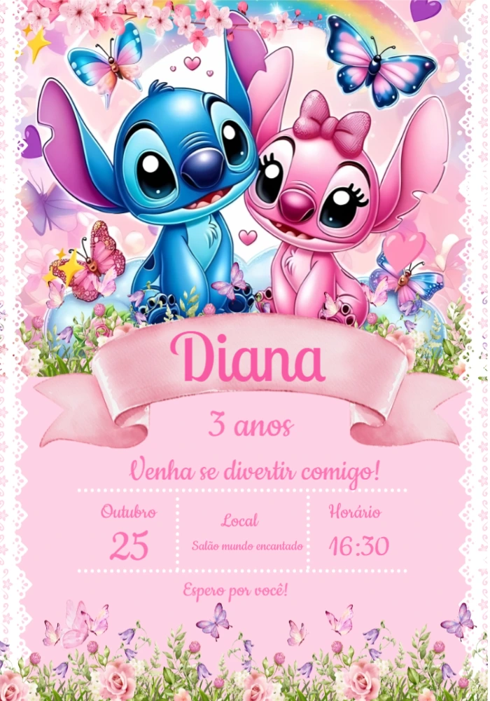 Convite Aniversário Stitch e Angel para Editar Online