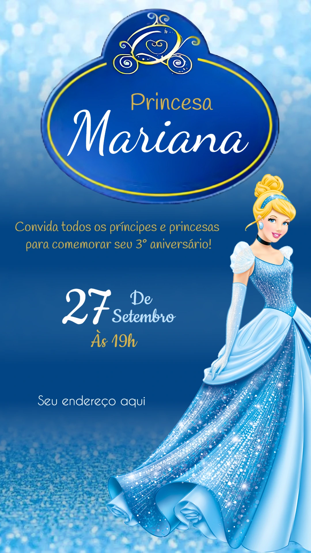 Convite de Aniversário Cinderela para Editar e Enviar Online