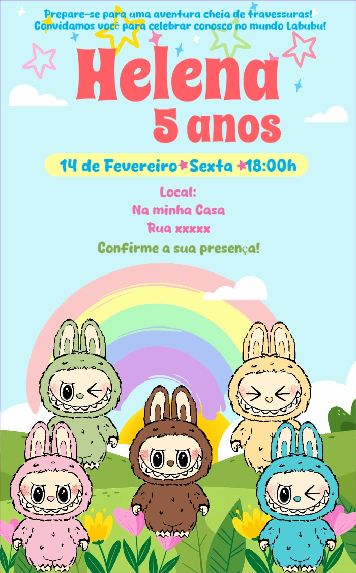 Convite Aniversário Labubu com Personagens para Editar Online