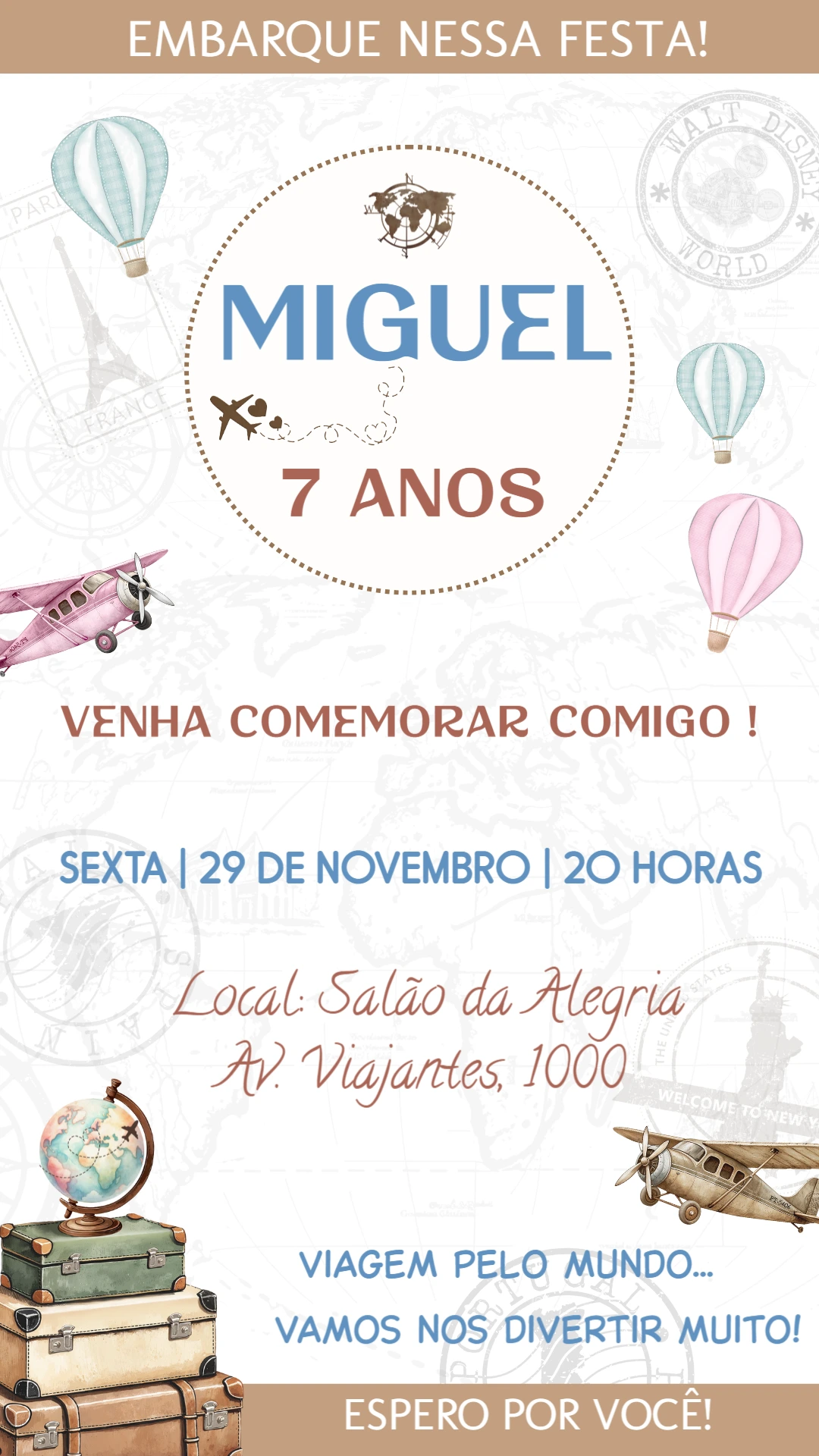 Convite Aniversário Volta ao Mundo Editável para Imprimir