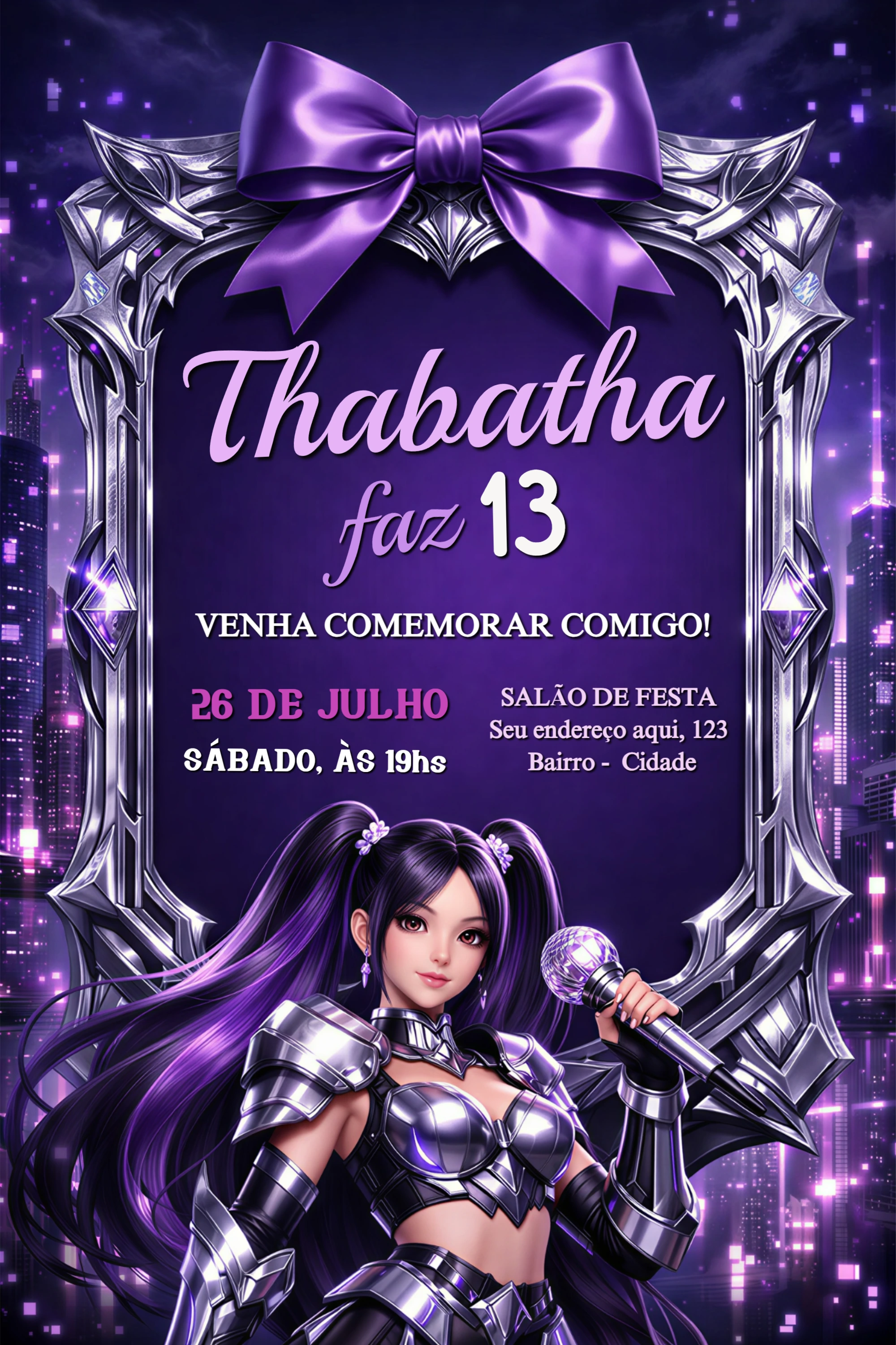 Convite de Aniversário Gamer Roxo Estilo K-Pop para Editar