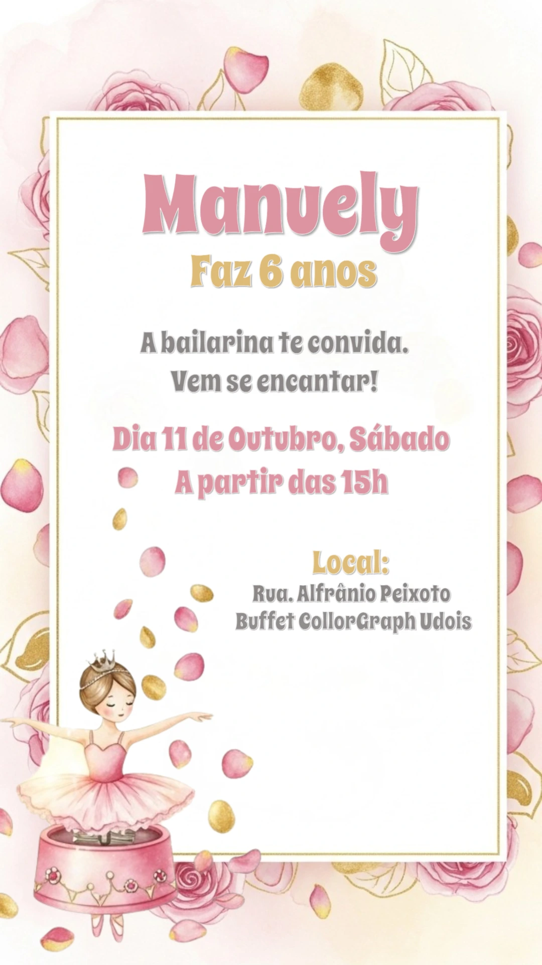 Convite de Aniversário Bailarina Delicado para Editar Online