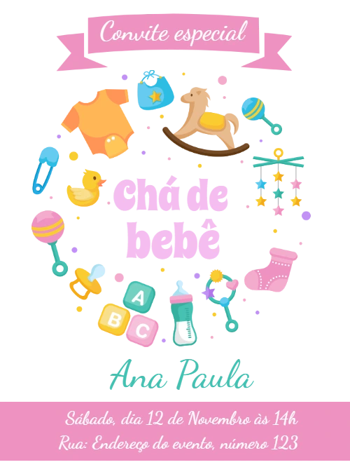 Convite Chá de Bebê com Brinquedos para Editar Online