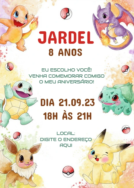 Convite de Aniversário Pokémon Aquarela para Editar Online