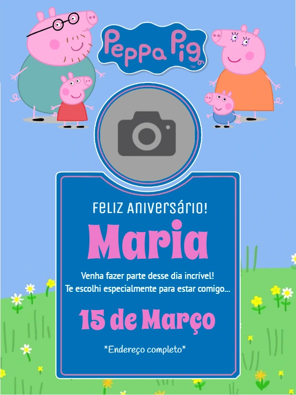 Convite de Aniversário Peppa Pig com Foto para Editar Online
