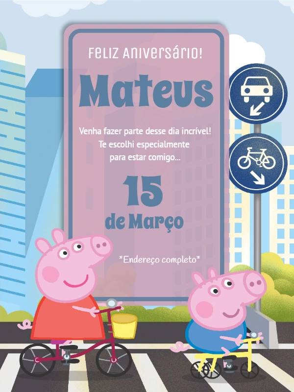 Convite Aniversário Peppa Pig de Bicicleta para Editar Online