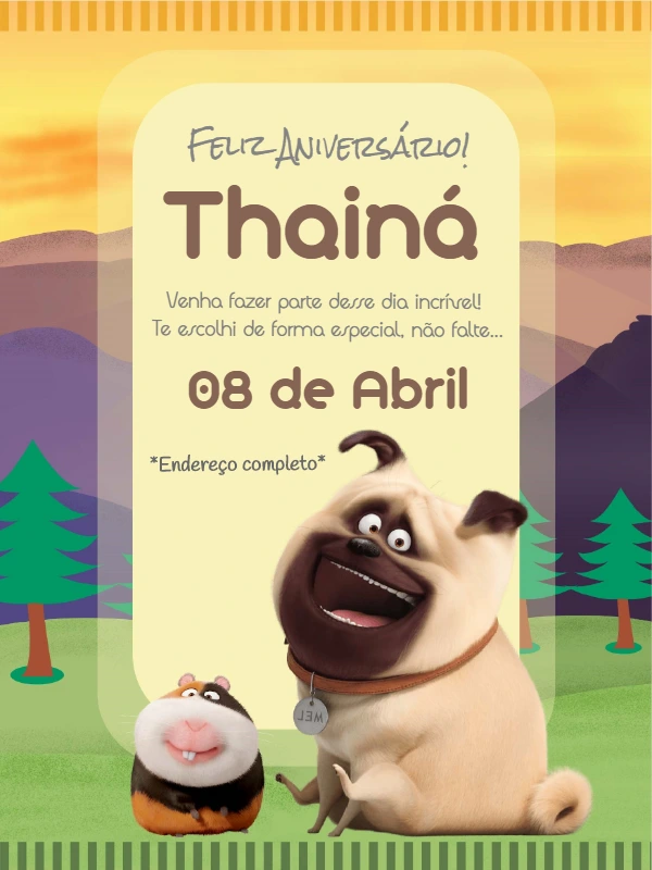Convite de Aniversário Pets com Personagens para Editar Online