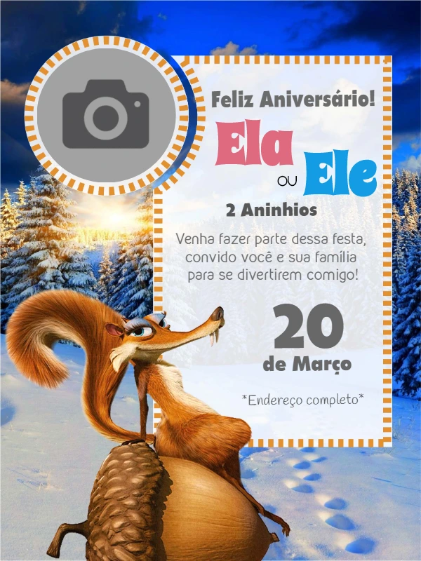 Convite de Aniversário A Era do Gelo com Foto para Editar