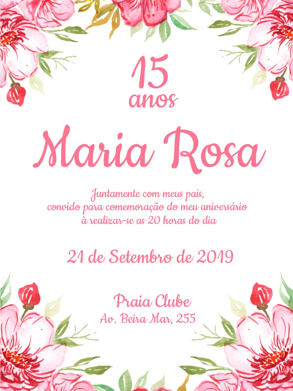 Convite de 15 Anos Floral Rosa para Editar Online
