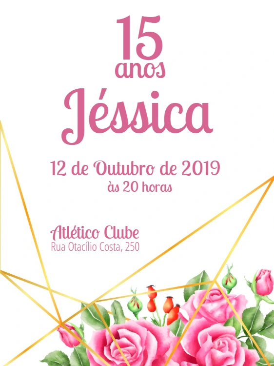 Convite 15 Anos Floral Geométrico Dourado para Editar