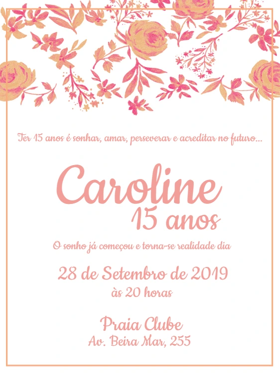 Convite Aniversário 15 Anos Floral Rosa para Editar Online