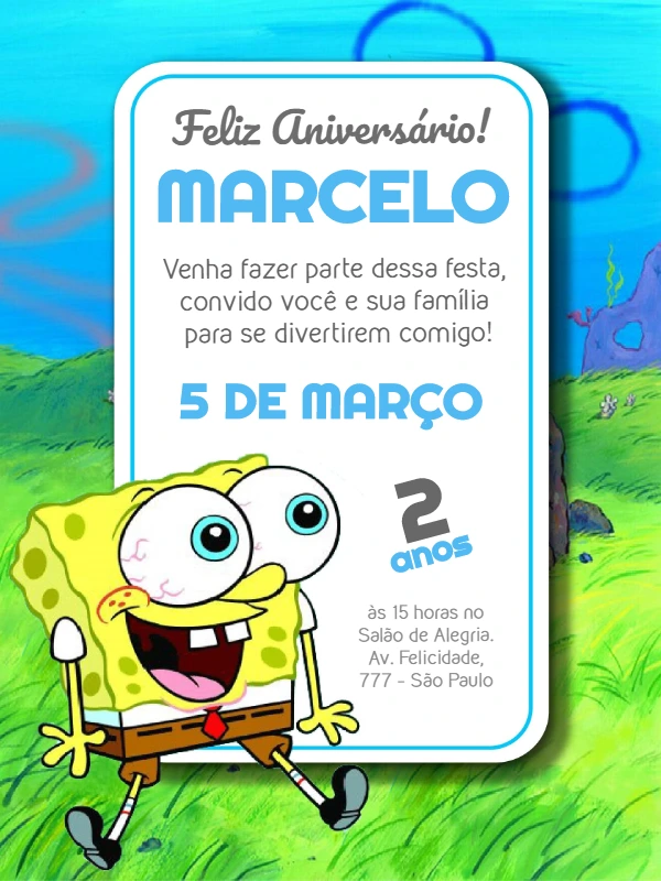 Convite de Aniversário Bob Esponja para Editar Online