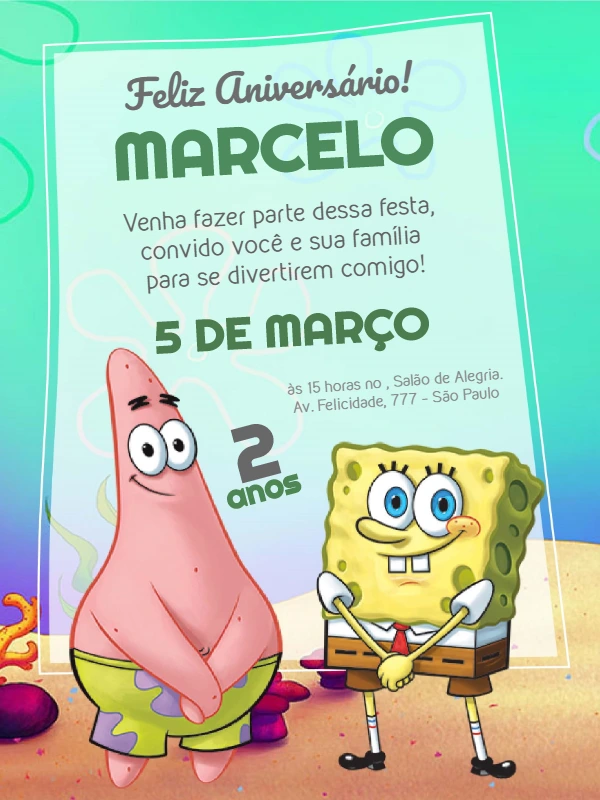 Convite de Aniversário Bob Esponja e Patrick para Editar Online