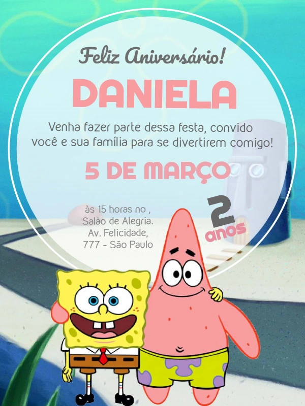 Convite Aniversário Bob Esponja e Patrick para Editar Online