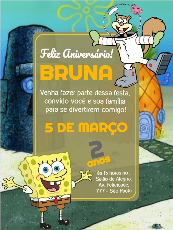 Convite de Aniversário Bob Esponja e Turma para Editar Online