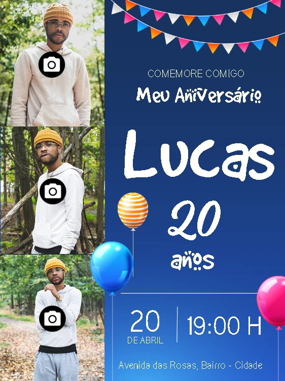 Convite de Aniversário Masculino com 3 Fotos para Editar