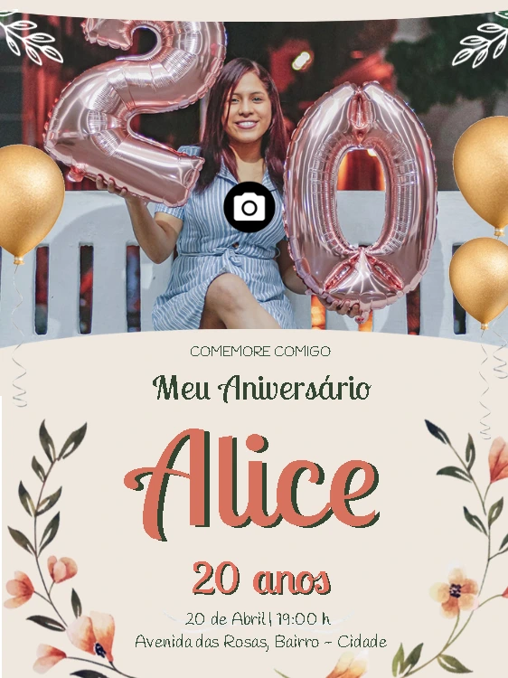 Convite de Aniversário com Foto Floral para Editar Online