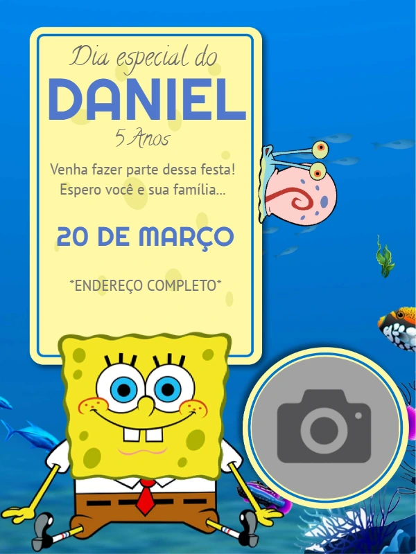 Convite Aniversário Bob Esponja com Foto para Editar Online