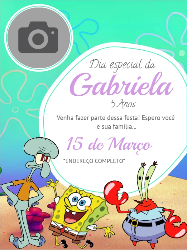Convite Aniversário Bob Esponja com Foto para Editar Online