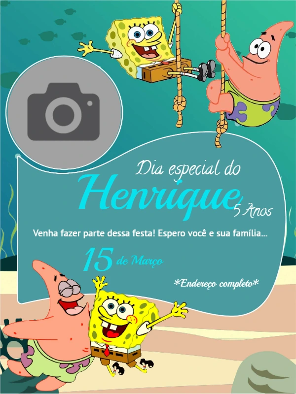 Convite Aniversário Bob Esponja com Foto para Editar Online