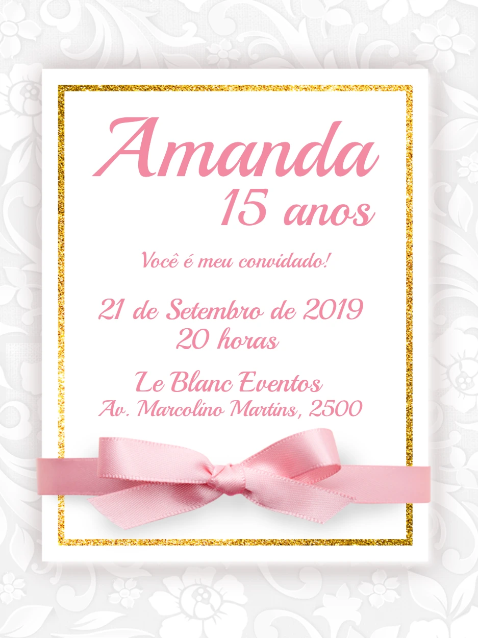 Convite de 15 Anos Rosa e Dourado Glitter para Editar Online