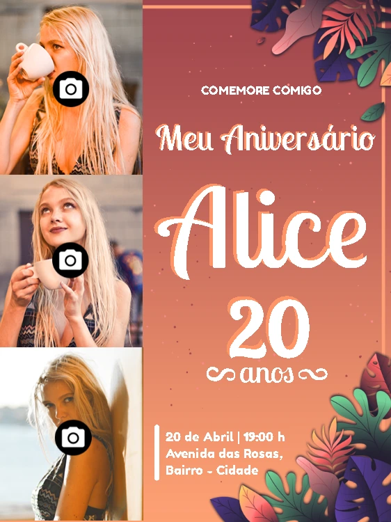 Convite de Aniversário com Colagem de Fotos para Editar Online