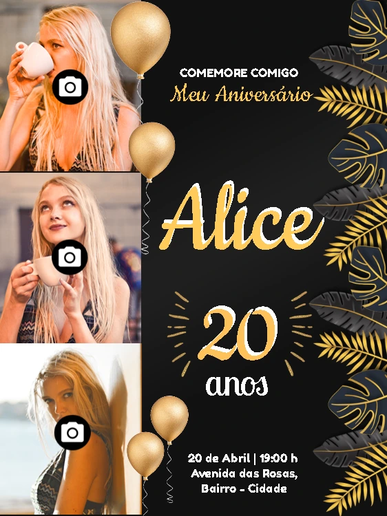 Convite de Aniversário com Colagem de Fotos para Editar Online