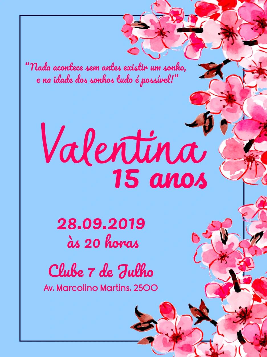 Convite 15 Anos Floral Cerejeira Azul e Rosa para Editar